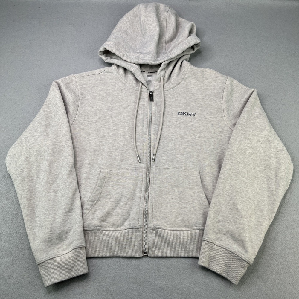 DKNY Cropped Full Zip Embroidered Logo Hoodie Sweatshirt Women's Size Medium